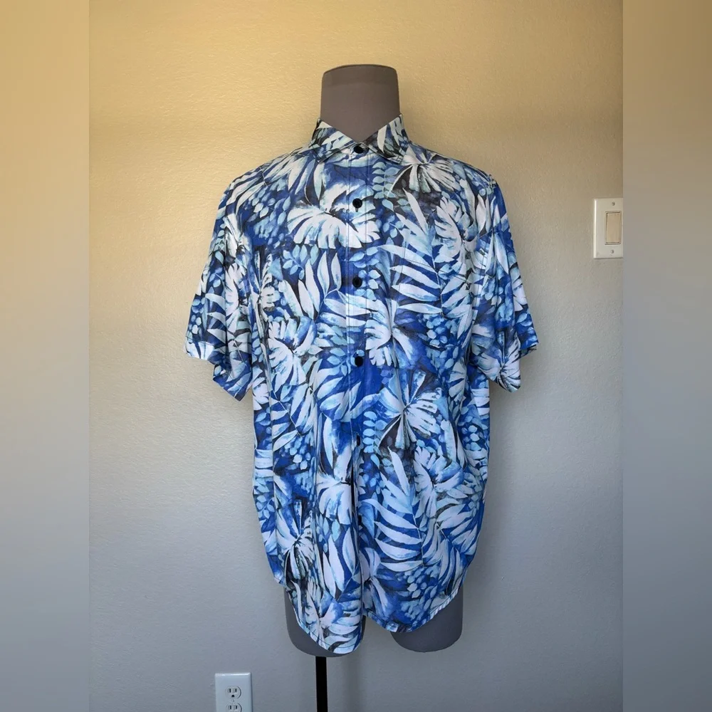 Tommy Bahama Blue and White Leaf Print Shirt - Picture 2 of 10